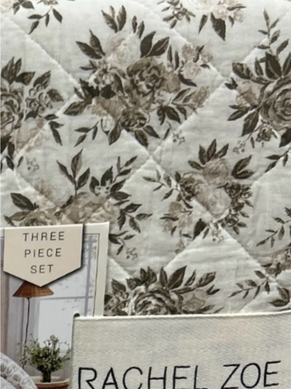 Rachel Zoe Full/Queen Brown and White Floral Cotton Reversible Quilt Set 88”x92”